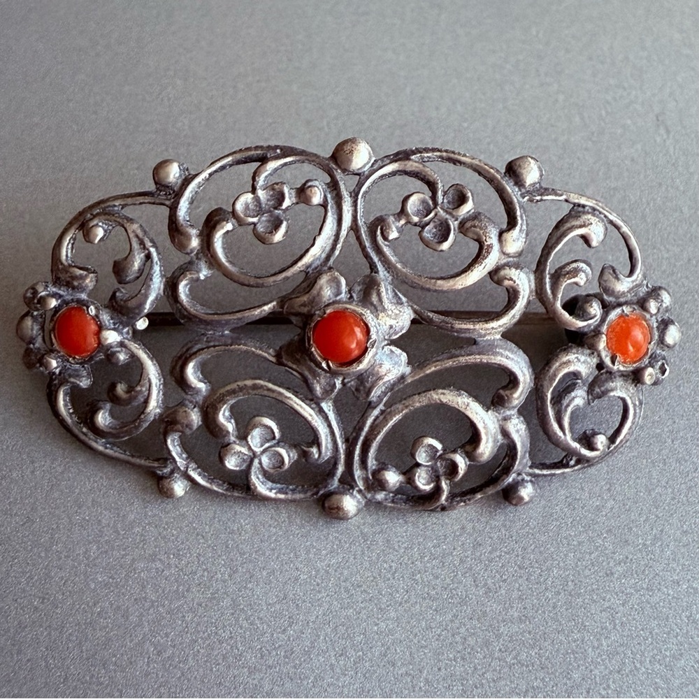 Antique 835 Silver & Coral Open Work Filigree Art Deco Brooch